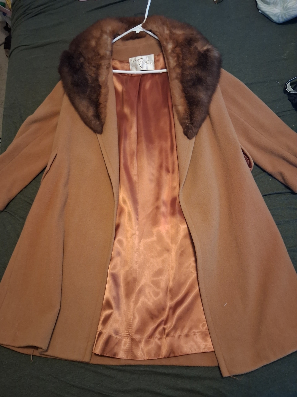 Women's Camel Wool Blend Coat with Brown Fur Collar